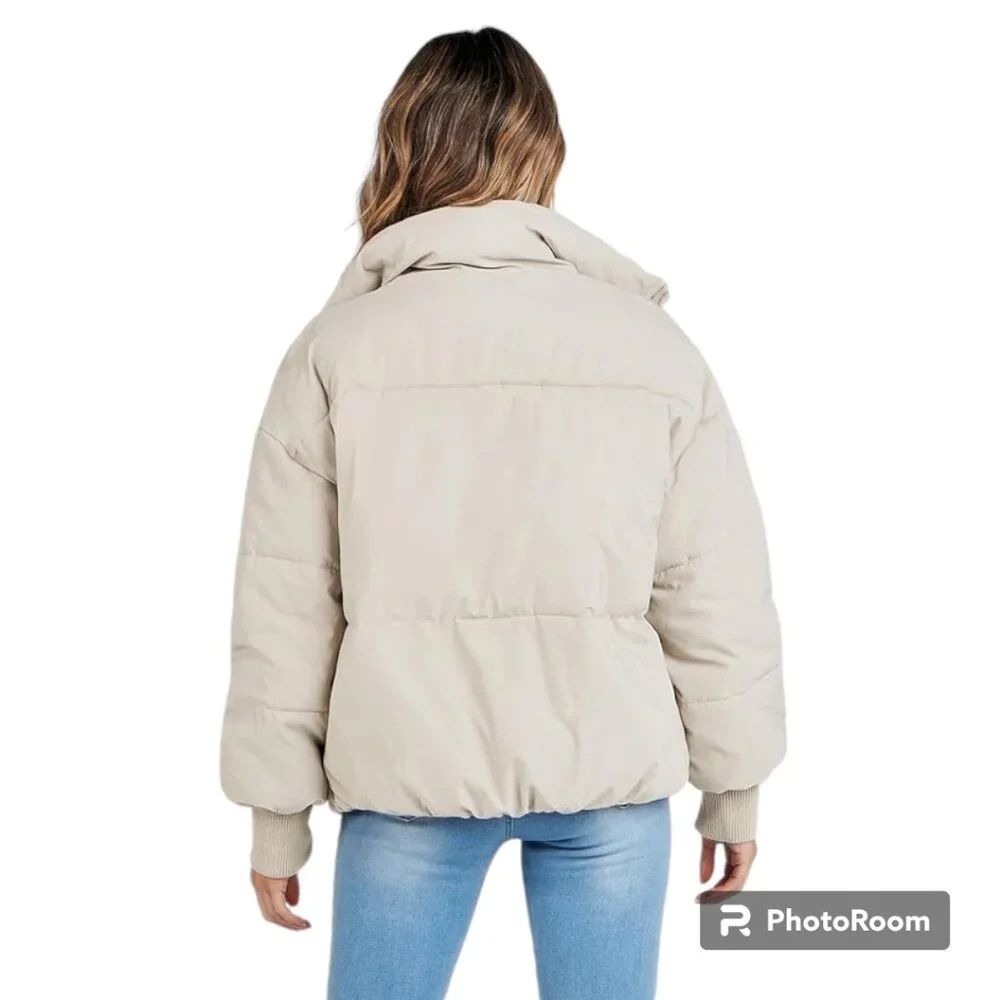 MEROKEETY Womens Winter Long Sleeve Zip Puffer Baggy Short Down Coat S Beige NWT